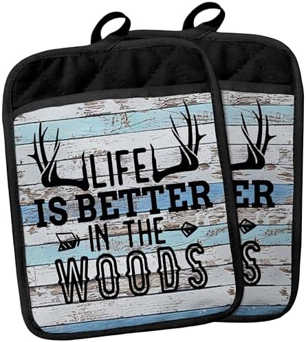 Hunting Cabin Gifts Pot Holders with Pockets, Life is Better in The Woods Moose Pot Holders Heat Resistant Oven Mitts Hot Pads for Kitchen Baking Cooking,Potholders for Kitchens by YeiHe