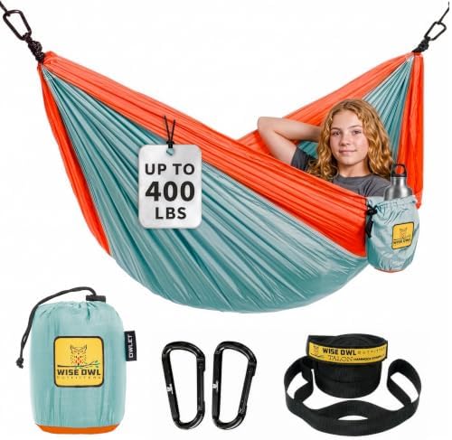 Wise Owl Outfitters Kids Hammock - Small Camping Hammock, Kids Camping Gear w/Tree Straps and Carabiners for Indoor/Outdoor Use, Kid Size Cloud Blue & Tangerine by WiseOwlOutfitters