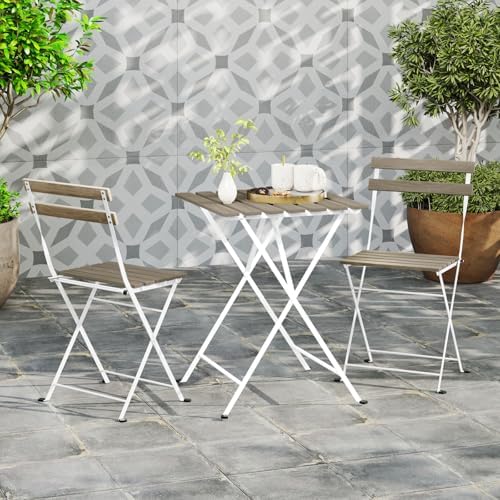 Giantex 3-Piece Acacia Wood Bistro Set, Patio Bistro Table with 2 Folding Chairs, Slatted Seat & Tabletop, Metal Frame, Outdoor Furniture Set for Backyard, Porch, Garden, Poolside (White + Gray) - Image 2
