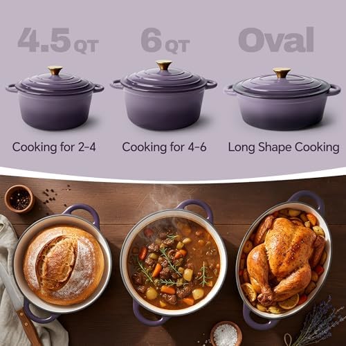 4.5 Quart Dutch Oven Pot with Lid, Non Stick Enameled Cast Iron Dutch Oven for Bread Baking, Heavy-Duty, Oven Safe Ceramic Cookware Up to 500°F for Baking, Braising, Stews, Roasting, Purple - Image 3
