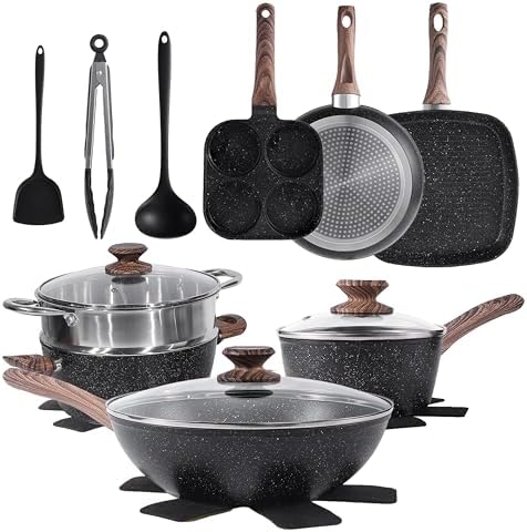 Simple Deluxe 17Pcs Ceramic Cookware Set, Nonstick & Non-Toxic Healthy Pots and Pans, Heat-Resistant Handles, Induction Cookware Sets with Frying Pans, Black by SimpleDeluxe