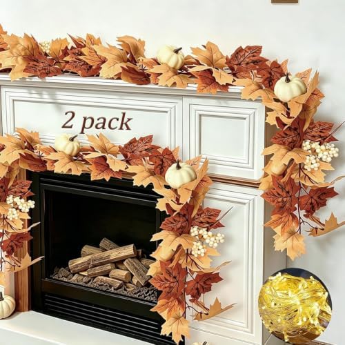 4 Pack Fall Garland with Lights-Total 24Ft Autumn Leaves Garland for Mantle Fireplace-Brown Fall Decor for Front Door with Pumpkins Indoor Maple for Stairs Porch Thanksgiving Decorations by Cherica