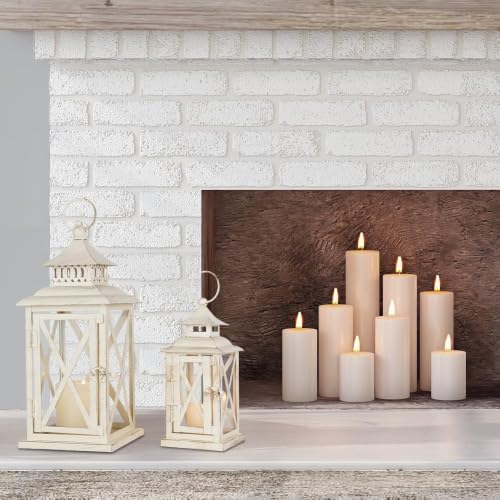 Lanterns Decorative Outdoor&Indoor, Set of 2 (14"&10") Beige Metal Lantern Decor with Glass, Candle Holder for Porch, Patio, Garden, Balcony, Wedding, Table Centerpiece - Image 7