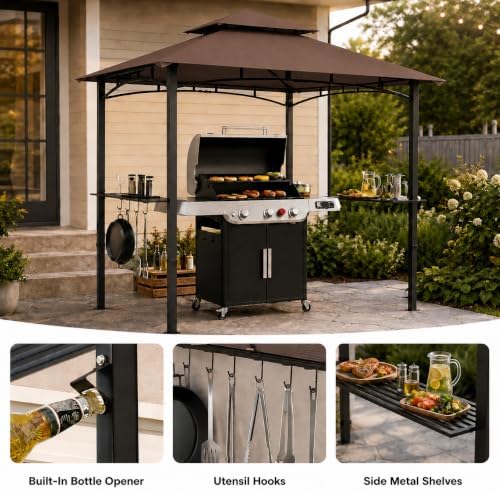 Garvee 8x5 Grill Gazebo, Outdoor BBQ Canopy Shelter with Double Tiered Roof Ventilation - Heavy Duty Patio Canopy Tent Steel Frame for Backyard Garden Lawn Grilling Party Picnic Cooking Events, Brown - Image 4