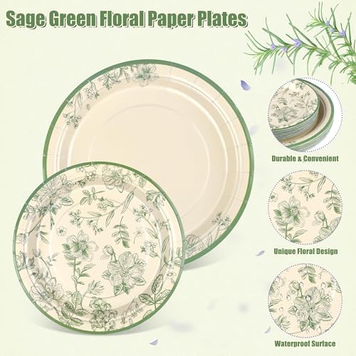 Kochorie 96 Pieces Sage Green Floral Party Supplies Elegant Floral Disposable Tableware Set Includes 9 Inch and 7 Inch Paper Plates, Cups, Napkins Serves 24 Guests for Birthday Baby Shower Wedding - Image 3