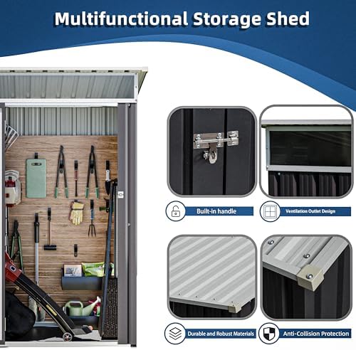 JY QAQA 5x3 FT Outdoor Garden Storage Shed, Waterproof Metal Garden Sheds with Window and Lockable Double Door, Weather Resistant Steel Tool Storage House Shed for Patio, Lawn Dark Gray - Image 3
