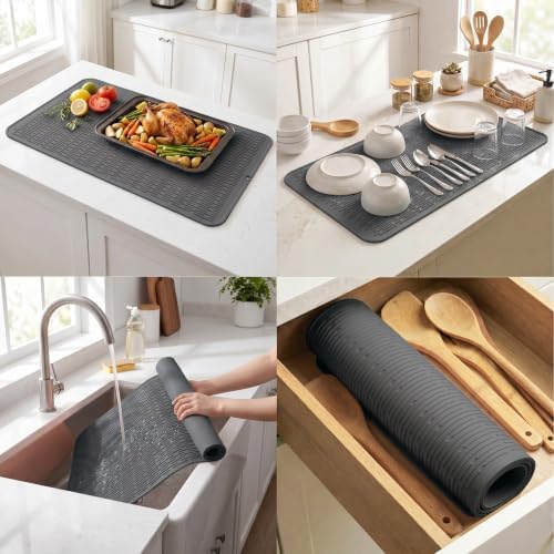 MicoYang Silicone Dish Drying Mat for Multiple Usage,Easy clean,Eco-friendly,Heat-resistant Silicone Mat for Kitchen Counter or Sink,Refrigerator or Drawer Liner Grey 5XL 36inches x 18inches - Image 4