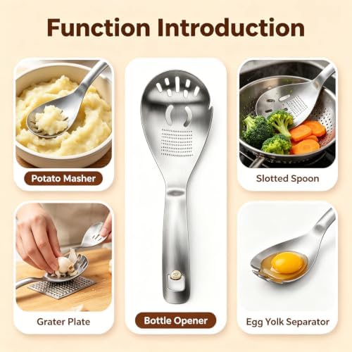5-in-1 Stainless Steel Cooking Spoon Set, Multifunction Cooking Spoon,with Potato Masher, Egg Yolk Separator, Grater Plate, Bottle Opener & Slotted Spoon(Pack of 2) - Image 2