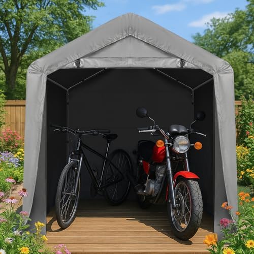 VINGLI Outdoor Portable Storage Shed, Heavy Duty Bike Tent with Roll-up Zipper Door, Waterproof and UV Resistent Carport for Motorcycle, Garden Tools and Firewood (Gray, 6x6x6.5 FT) - Image 7