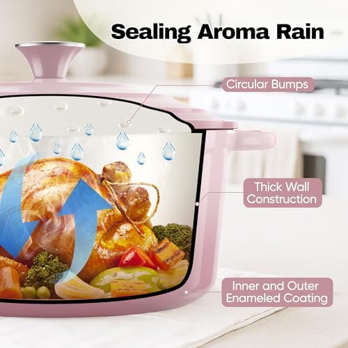 6 Quart Dutch Oven Pot with Lid, Non Stick Enameled Cast Iron Dutch Oven for Bread Baking, Heavy-Duty, Oven Safe Ceramic Cookware Up to 500°F for Baking, Braising, Stews, Roasting, Pink - Image 5