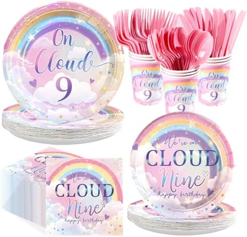 168Pcs on Cloud 9th Birthday Party Supplies Rainbow Clouds Nine Plates and Napkins We are on Cloud Nine Tableware Set for Girls Ninth Birthday Rainbow Themed Party Supplies, Serves 24 by Greencian