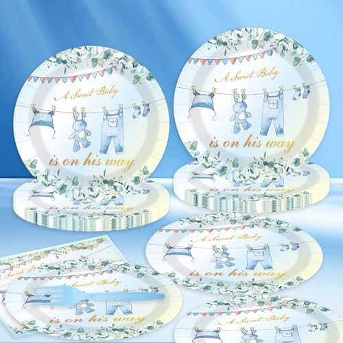 75PCS Greenery Baby Shower Plates and Napkins Decorations Party Favors, 7Inch A Sweet Baby Is on His Way Baby Boy Shower Paper Plates Disposable Dessert Tableware Party Supplies - Image 2