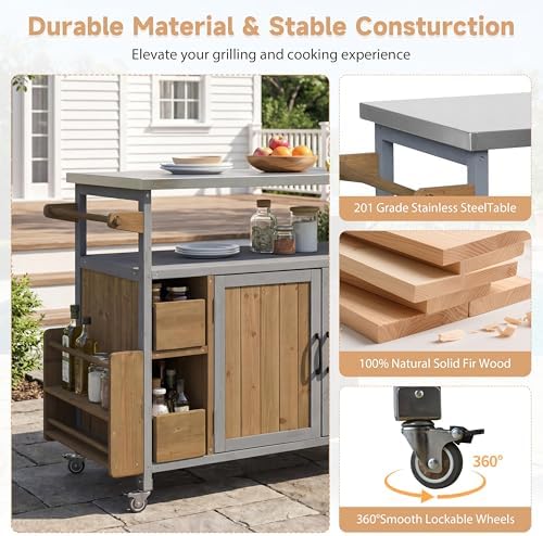 Christopher Knight Home Edsel Outdoor Bar Cart with Stainless Steel Top and Lockable Wheels, Solid Wood Outdoor Storage Cabinet, Kitchen Island Serving Cart for Poolside, Walnut Brown+Blue Gray - Image 5