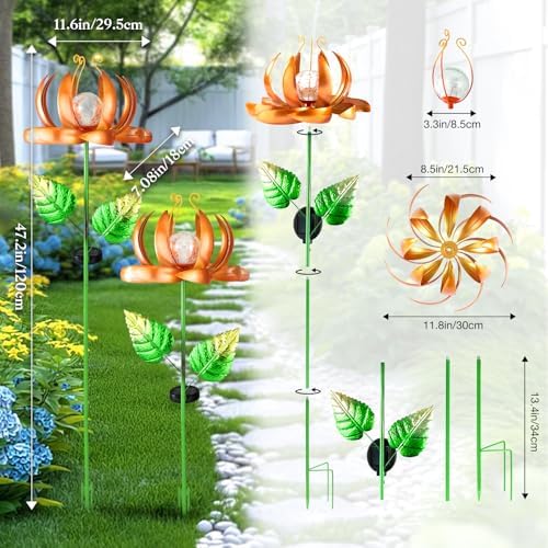 Solar Yard Lights Wind Spinners- Metal Lotus Flower Garden Decor LED Crackle Glass Globe Yard Art Sculpture Solar Stake Lights for Patio Pathway Lawn Walkway (Yellow-Large) - Image 3