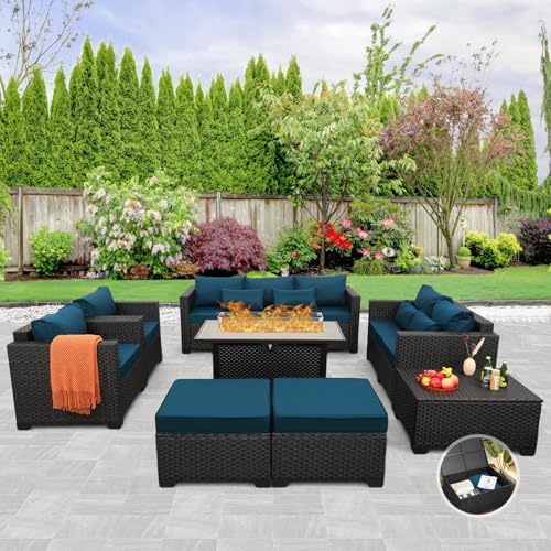 Patio Furniture Set 45-Inch Outdoor Fire Pits 8 PCS Outdoor Furniture Sets Patio Couch Outdoor Chairs 60000BTU Outdoor Propane Fire Pit Table No-Slip Cushions and Waterproof Covers, Peacock Blue by Rattaner