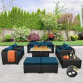 Patio Furniture Set 45-Inch Outdoor Fire Pits 8 PCS Outdoor Furniture Sets Patio Couch Outdoor Chairs 60000BTU Outdoor Propane Fire Pit Table No-Slip Cushions and Waterproof Covers, Peacock Blue by Rattaner