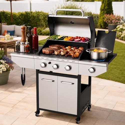 3-Burner Gas Grill with Side Burner, 40000 BTU Stainless Steel BBQ - Image 2