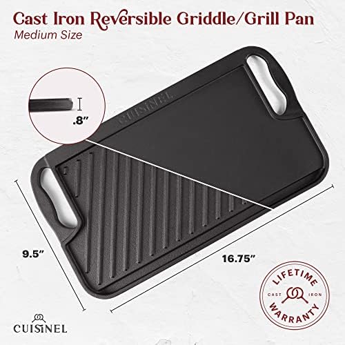 Cuisinel Cast Iron Griddle/Grill + Scraper/Cleaner - Reversible Pre-Seasoned 16.75" X 9.5"-inch Dual Handle Flat Skillet and Griller Pan - Works Indoor/Outdoor, Stove Burner, Gas, Fire - Image 2