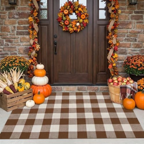 SEEKSEE Fall Decor Buffalo Plaid Outdoor Rug 3' x 5' Coffee and White Front Door Mat, Layering Rug for Porch, Fall Doormat, Front Porch Rug for Outdoor Entrance Entryway Patio Porch Decor - Image 3
