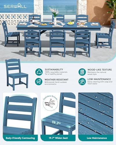 SERWALL 9Pcs 84" HDPE Outdoor Dining Set for 8 with Armless Chairs,Blue - Image 4