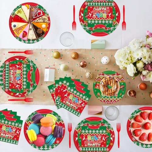 96Pcs Ugly Sweater Paper Plates Napkins Set for 24 Guests - Image 2