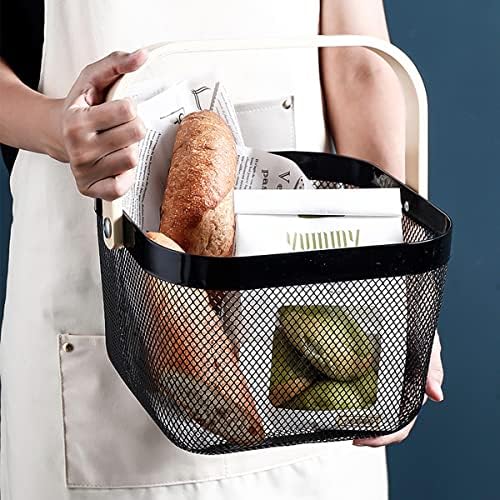 Mesh Steel Storage Organizer Basket Fruit Basket Bin with Wood Handle Ideal for Kitchen Bathroom Picnic Baskets Pantry Cabinets Storage Home Decor (Cold Gray) - Image 4