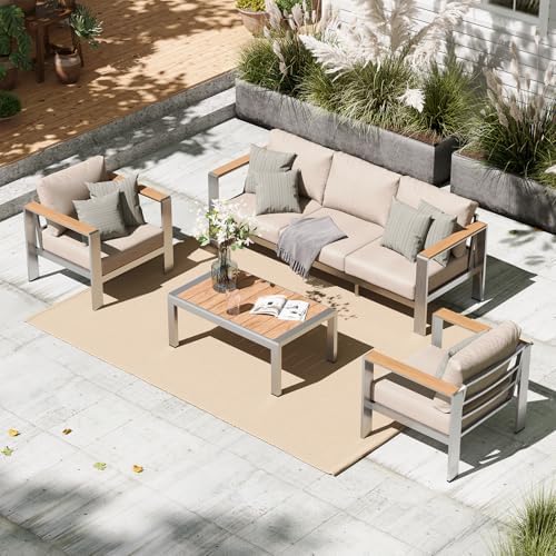 Aluminum Outdoor Patio Furniture Set with Coffee Table, 4 Piece Patio Conversation Sets with Washable Thick Cushions, Outdoor Sectional Furniture Set for Porch, Balcony, Deck, Silver by Oasbira