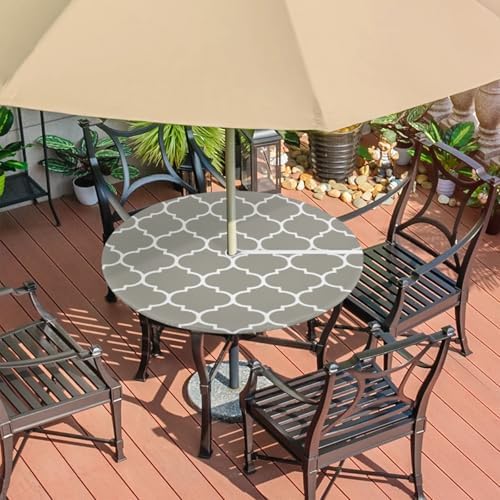 Fitted Round Tablecloth with Umbrella Hole and Zipper Grey Moroccan Outdoor Elastic Table Cloth 45"-56" Oil-Proof Waterproof Patio Table Cover for Dining Picnic Party - Image 7