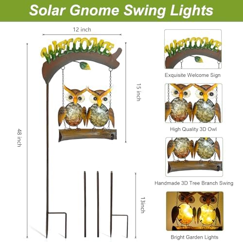 HONGLAND Solar Lights Outdoor Decor, Owl Swing Garden Decor, Owl Gifts for Women Mom, Whimsical Garden Lights Outdoor Decorations with Welcome Sign for Outside Patio Yard Lawn Decor-48inch - Image 3