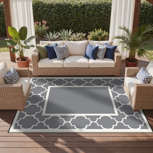 GENIMO Outdoor Rug, Waterproof Plastic Rugs for Patio, 9'x12' Grey White - Image 5