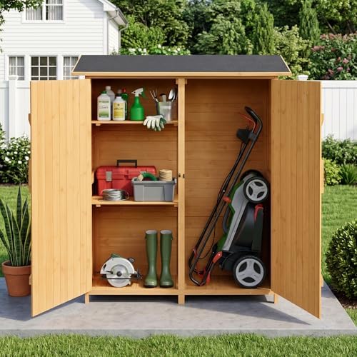VINGLI Upgraded Outdoor Wooden Storage Shed, Extra Large Garden Shed Outside Tool Cabinet with 2 Safety Latches, Patio Storage Organizer for Garden Yard Lawn Equipment, Teak by VINGLI