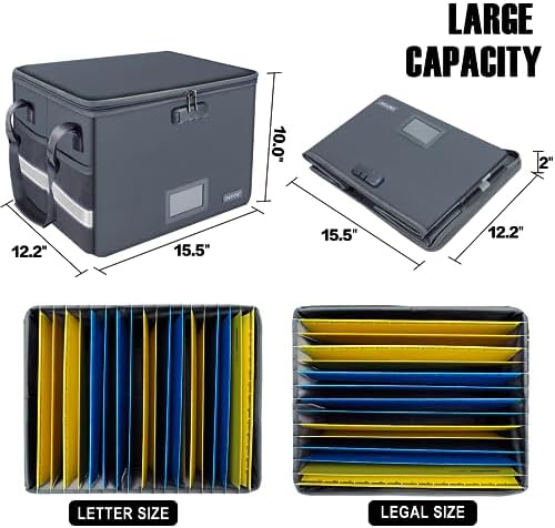 ENGPOW File Box with Lock, Fireproof Document Box with Zipper Lid, Collapsible File Organizer Storage Filing Cabinet with Handle, Portable Home Office Safe for Hanging Letter/Legal Folders, Grey - Image 5