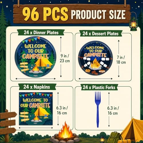 96PCS Camp Tableware Decoration Welcome to Our Campsite Party Plates Napkins Supplies Disposable Camping Favor Dessert Paper Plates Camping Adventure Campfire Party Picnics BBQ Gatherings Decoration - Image 2