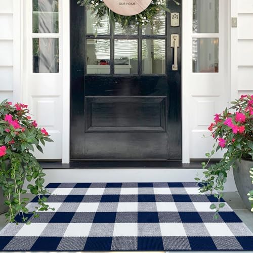 IOHOUZE 27.5x43 Buffalo Plaid Rug, Washable Outdoor Door Mat, Navy White by iOhouze