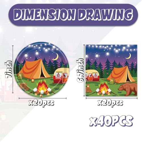 40pcs Camping Party Decorations Happy Camper Plates and Napkins for Forest Camping Adventure Party,Suitable for 20 Guests - Image 2