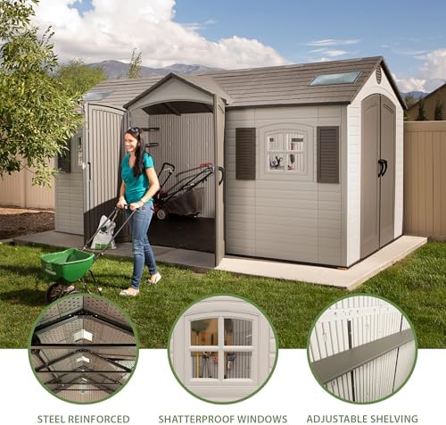 Lifetime 15×8 Ft Dual‑Entry Outdoor Storage Shed, Steel‑Reinforced, UV‑Protected, Weather‑Resistant Backyard Garden Shed with Skylights, Windows & Shelving, Desert Sand - Image 5