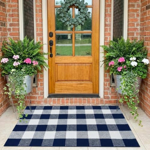 MUBIN Cotton Buffalo Plaid Rug, 27.5x43 Navy Blue White Outdoor Rug Front Door Decorative Mat, Washable Doormat Foldable Area Rug Layered Door Mats Rug for Front Porch, Entryway, Patio by MUBIN