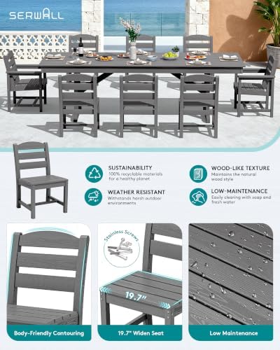 SERWALL 9Pcs HDPE Outdoor Dining Set w/6 Armless, 2 Armchairs for 8,Gray - Image 3