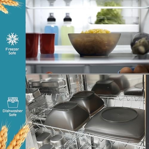 Teivio 32-piece Plastic Wheat Straw Square Dinnerware Set for 8, Unbreakable Dinner Plates, Salad Plates, Snack Bowls, Tumblers 13.5 oz, Dishwasher Safe, Clear Black - Image 3