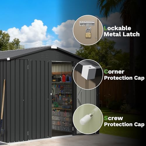 Patiowell 8x8 FT Storage Shed, Outdoor Metal Sheds, Black - Image 4