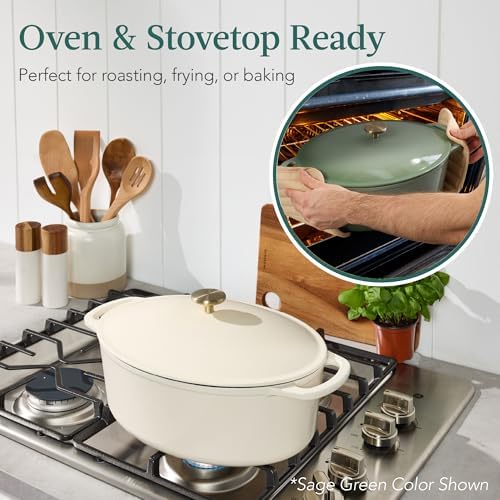 Best Choice Products Oval 7.5 Quart Enamel Cast-Iron Dutch Oven, Heavy-Duty Pre-Seasoned for Baking, Cooking w/Side Handles – Vanilla Buttercream - Image 4