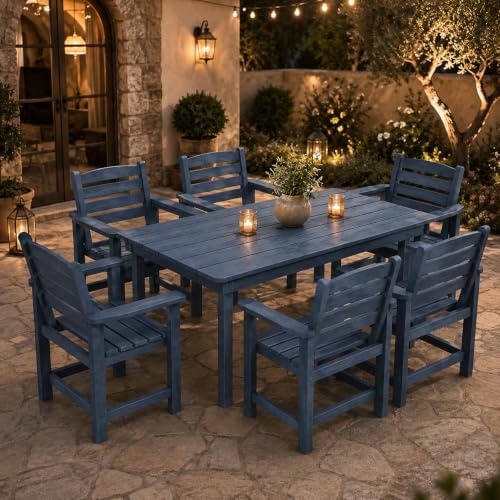 7 Pcs Outdoor Patio Dining Set, HDPE Table & Chairs with Umbrella Hole - Image 2