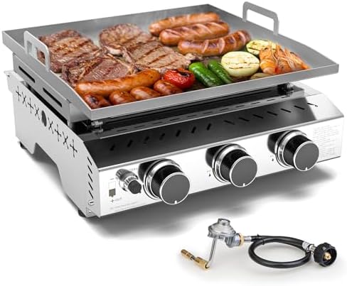 WAA 24000BTU Portable Propane Griddle, Tabletop Portable Propane Gas Grill with 3 Burners, Stainless Steel Flat Top Grill, Outdoor Cooking for Tailgating, Camping, RVs, BBQ, Patio, Silver by waasmallappliancekingdom