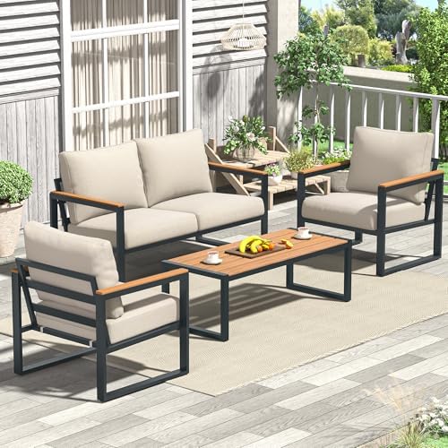 4 Pieces Metal Patio Furniture Set for Outdoor Balcony, Beige by COMLAXFIELD