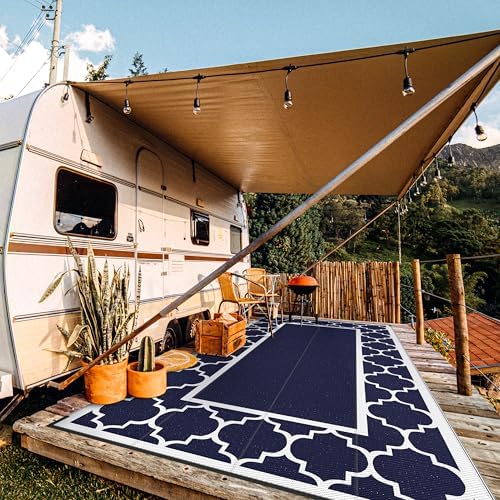 GENIMO Outdoor Rug, Waterproof Plastic Rugs 9'x18' for Camping Blue White - Image 5