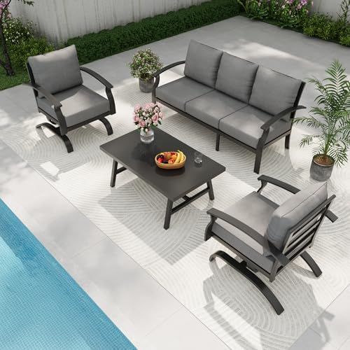 Gotland Metal Outdoor Patio Furniture Set with Coffee Table, 4 Piece Patio Conversation Set with Washable Cushion Covers, Metal Frame Sectional Sofa Furniture Set for Porch, Balcony, Deck, Yard by Gotland