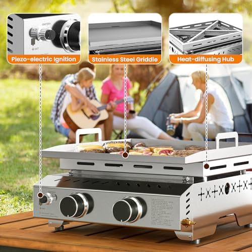 WAA Portable Propane Griddle, 16000BTU Tabletop Portable Propane Gas Grill with 2 Burners, Stainless Steel Flat Top Grill, Outdoor Cooking for Tailgating,Camping, RVs, BBQ, Patio, Silver - Image 3