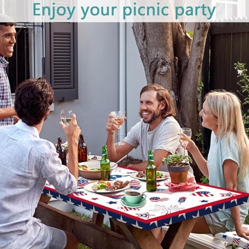 4th of July Picnic Table Cover with Bench Covers, Camping Essentials, Patriotic American Flag Gnomes Stars Table Cover Waterproof Fitted Tablecloth Cover with Elastic Edge for Outdoor 3 PCS 30x72 Inch - Image 2