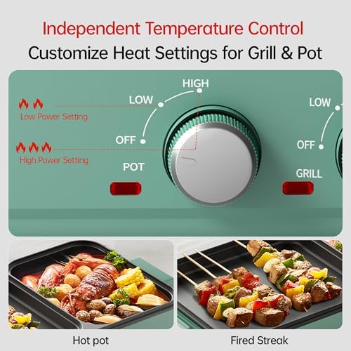 AORAN Electric Hot Pot with Grill, 2-in-1 Indoor Non-Stick Pot for Korean BBQ, Shabu Shabu & Noodles, Dual Temperature Control, Quick Heating with Bonus Accessories Green - Image 3