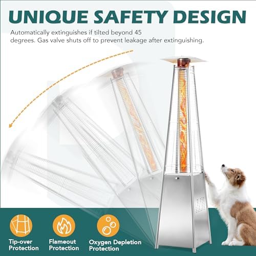 Flame Pyramid Pool Heater, Stainless Steel Triple Safety Protection Patio Heater with Patio Cover, Warm Glass Tube Portable Heater with Durable Wheels-Stainless Steel Color - Image 6